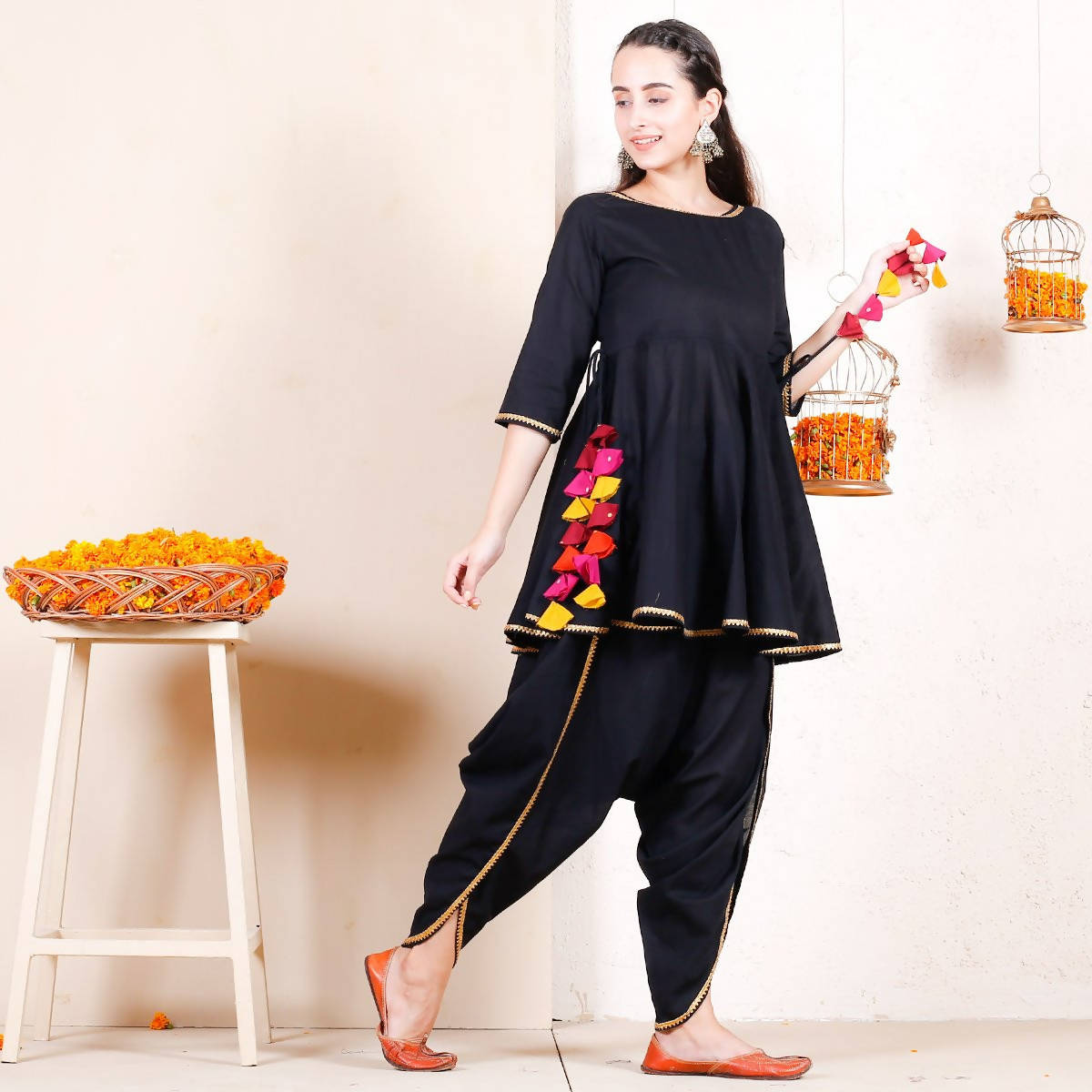 Cotton slub straight kurti-dhoti set with beautiful designs - Kurti Fashion